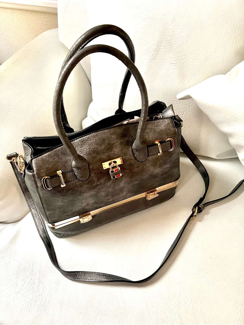 Women's Structured Satchel Handbag in Dark Greywith Gold Hardware